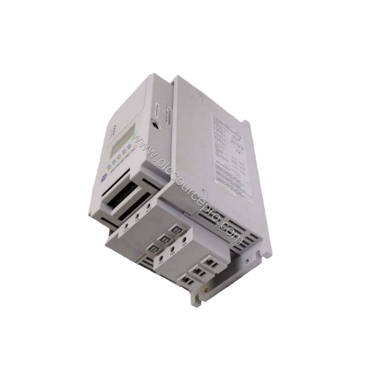 Figure 2: Side view of the Allen-Bradley 150-F201NBRB motor controller highlighting its heatsink fins and power terminal conn