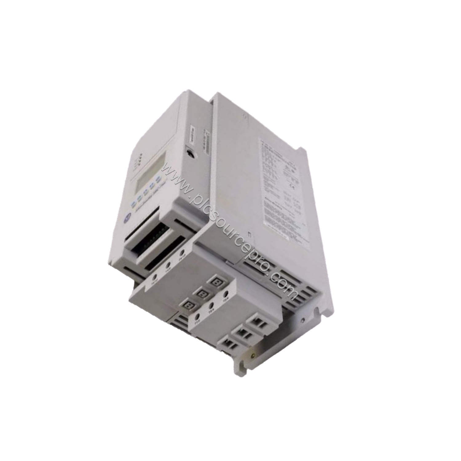 Figure 2: Side view of the Allen-Bradley 150-F201NBRB motor controller highlighting its heatsink fins and power terminal conn