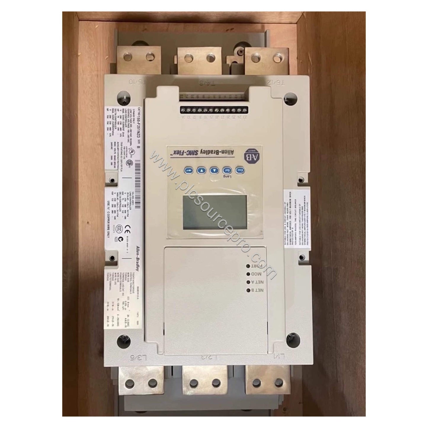 Figure 1: Front view of the Allen-Bradley 150-F25NBR SMC-Flex solid state controller showing its open enclosure and terminal 