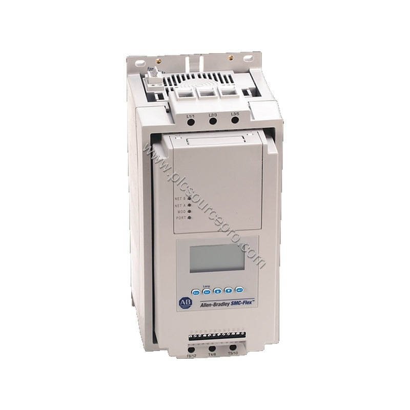 Figure 1: Front view of the Allen-Bradley 150-F625NCE SMC-Flex Solid State Controller showing its open enclosure and terminal