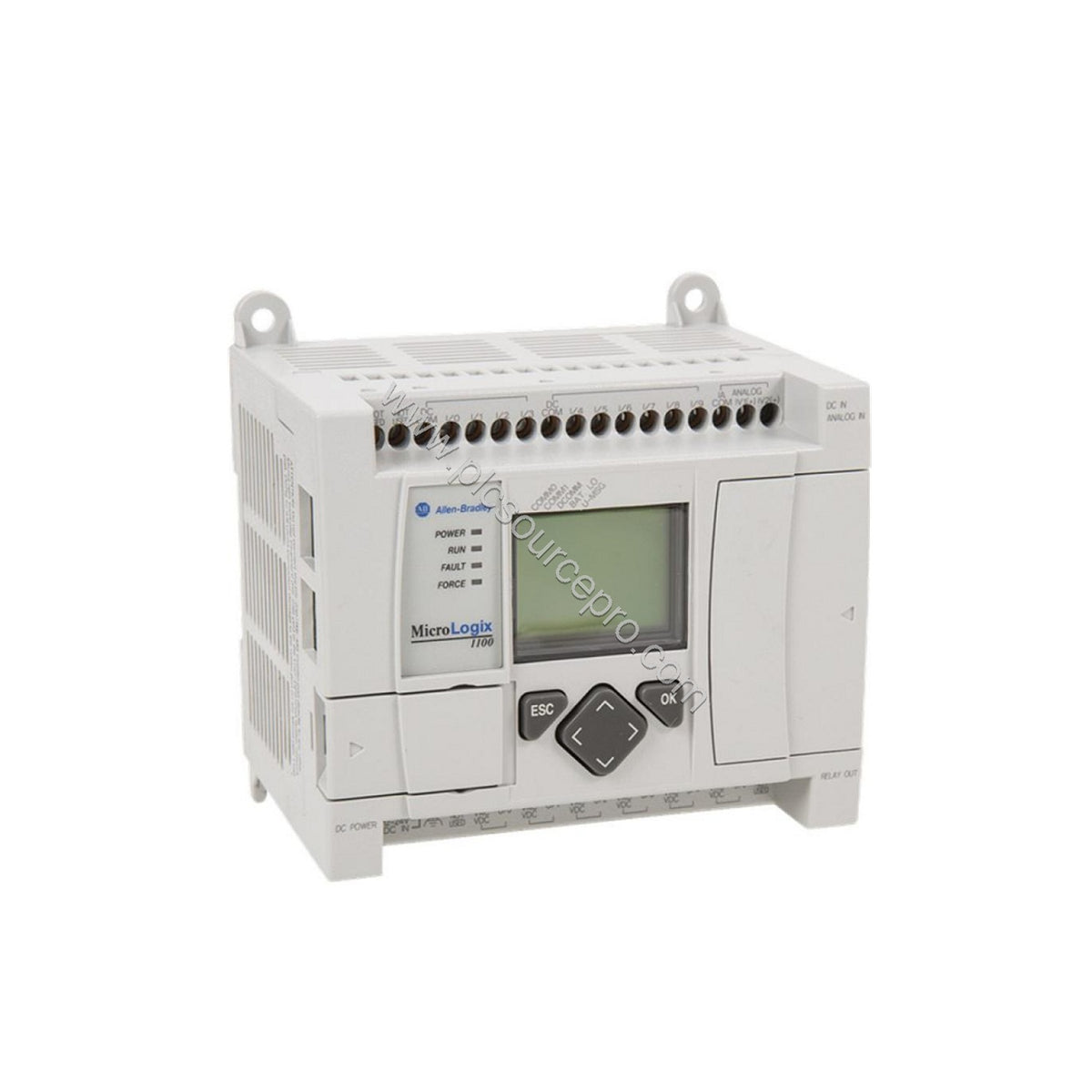 Figure 1: Front view of the Allen-Bradley 1763-L16DWD MicroLogix 1100 controller showing its compact industrial enclosure, LC