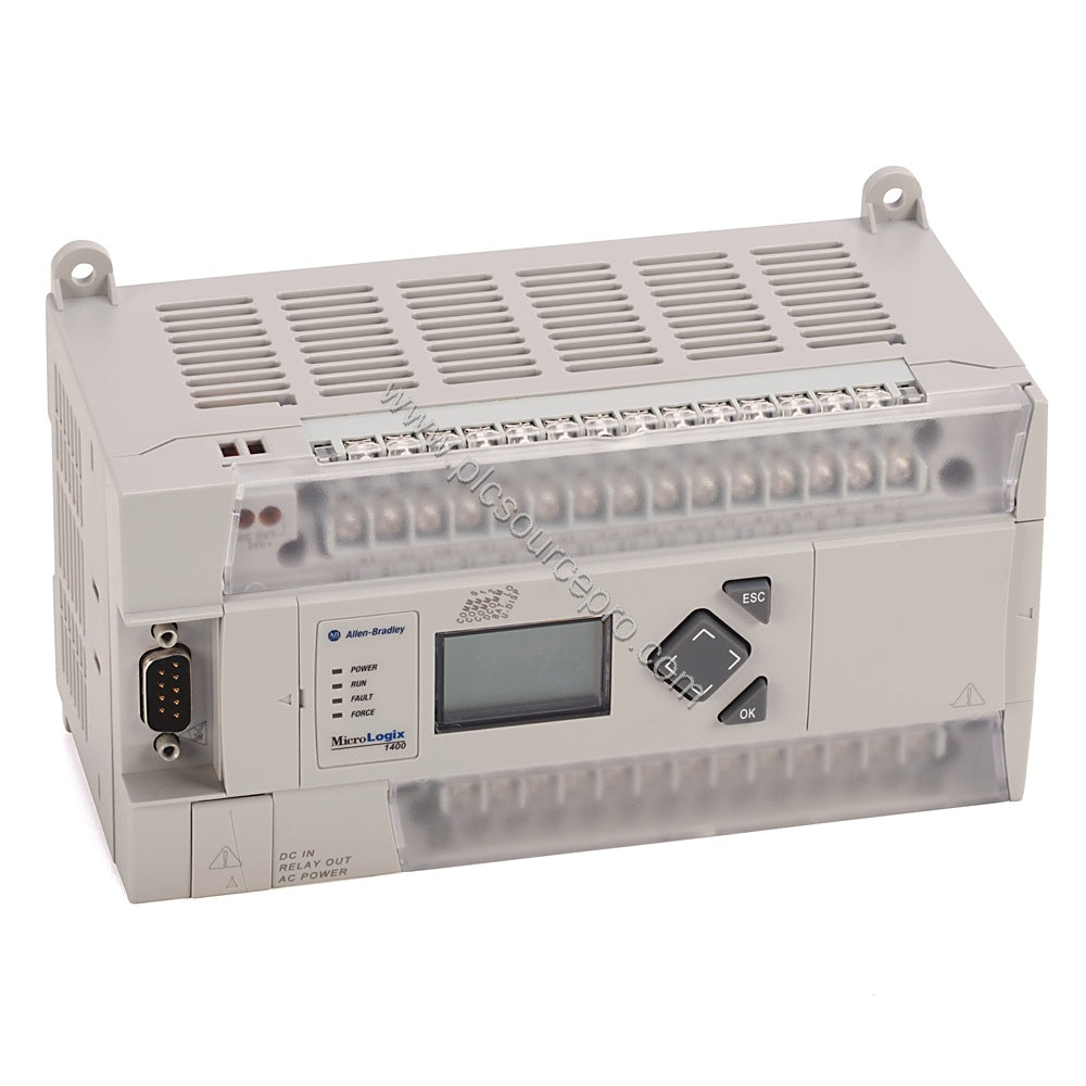 Figure 2: Side view of the Allen-Bradley 1766-L32BXB highlighting the communication ports and DIN-rail mounting clip.
