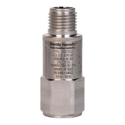 Figure 1: Close-up view of the Bently Nevada 200150-06-05 industrial accelerometer showing its stainless steel housing and mo