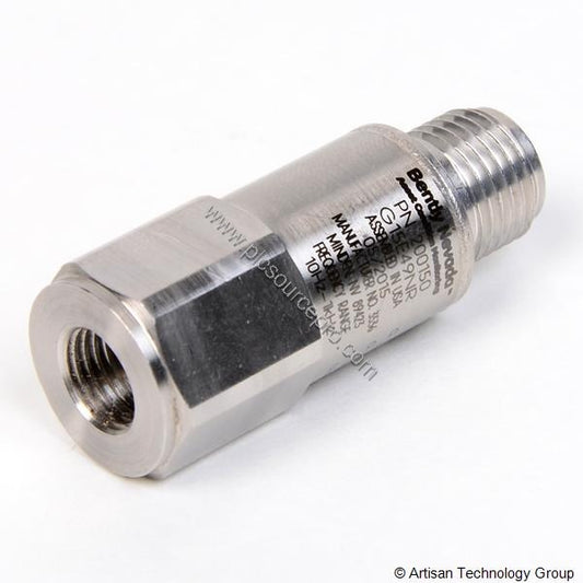 Figure 1: Front view of the Bently Nevada 200150-05-05 accelerometer showing its stainless steel hex body and mounting stud.