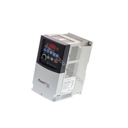 Figure 1: Front view of the Allen-Bradley 22D-B012F104 PowerFlex 40P AC drive showing the four-digit LCD display, three LED s
