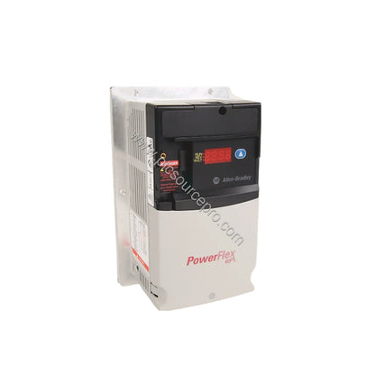 Figure 2: Detail of the Allen-Bradley 22D-B012F104 flange-mount AC drive with specifications tag visible, indicating input po