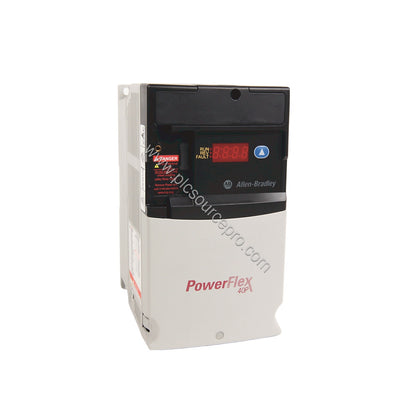 Figure 1: Front view of the Allen-Bradley 22D-D017F104 PowerFlex 40P AC Drive showing its compact flange-mount design and LED