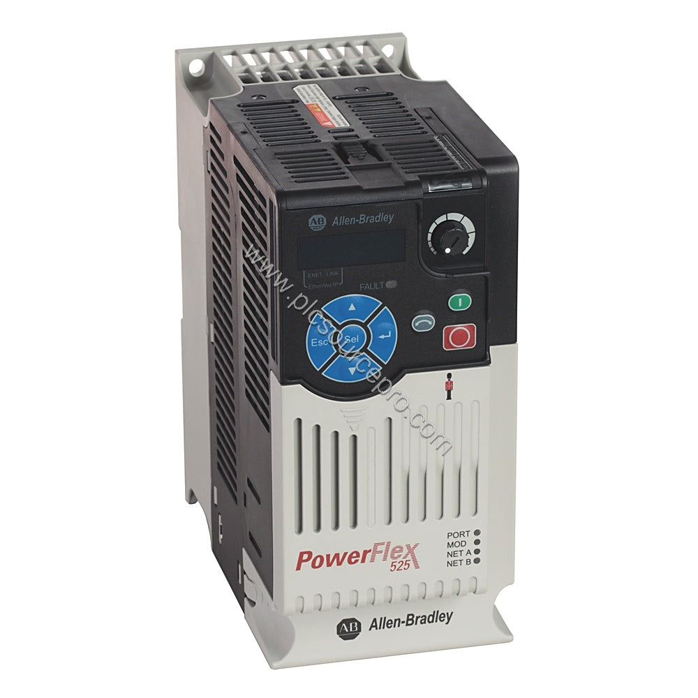 Figure 1: Front view of the Allen-Bradley 25B-B017N104 PowerFlex 525 VFD showing its compact industrial enclosure and LED ind