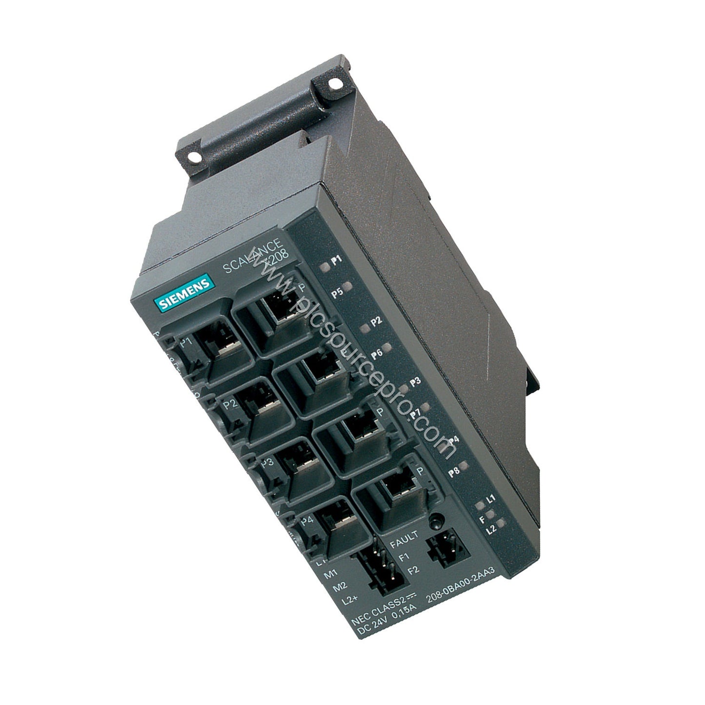 Figure 2: Side view of the Siemens 6GK5208-0BA10-2AA3 industrial Ethernet switch with DIN rail mounting clip and terminal blo