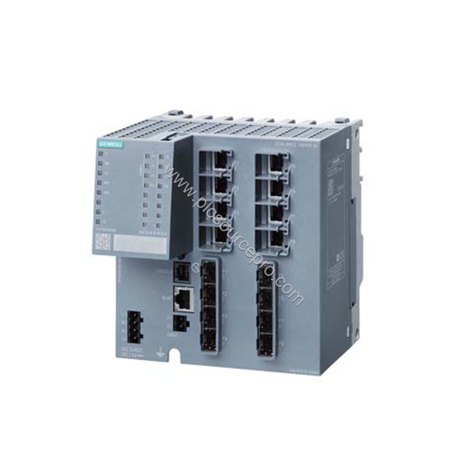 Figure 1: Front view of the Siemens 6GK5408-8GR00-2AM2 SCALANCE XM408-8C managed modular switch with RJ45 ports and SFP slots