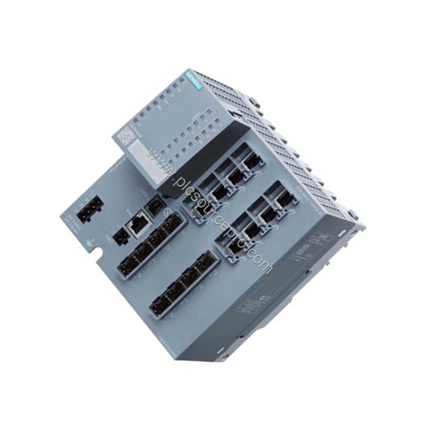 Figure 2: The Siemens 6GK5408-8GR00-2AM2 mounted on a DIN rail, showing its compact form factor and connection for redundant 