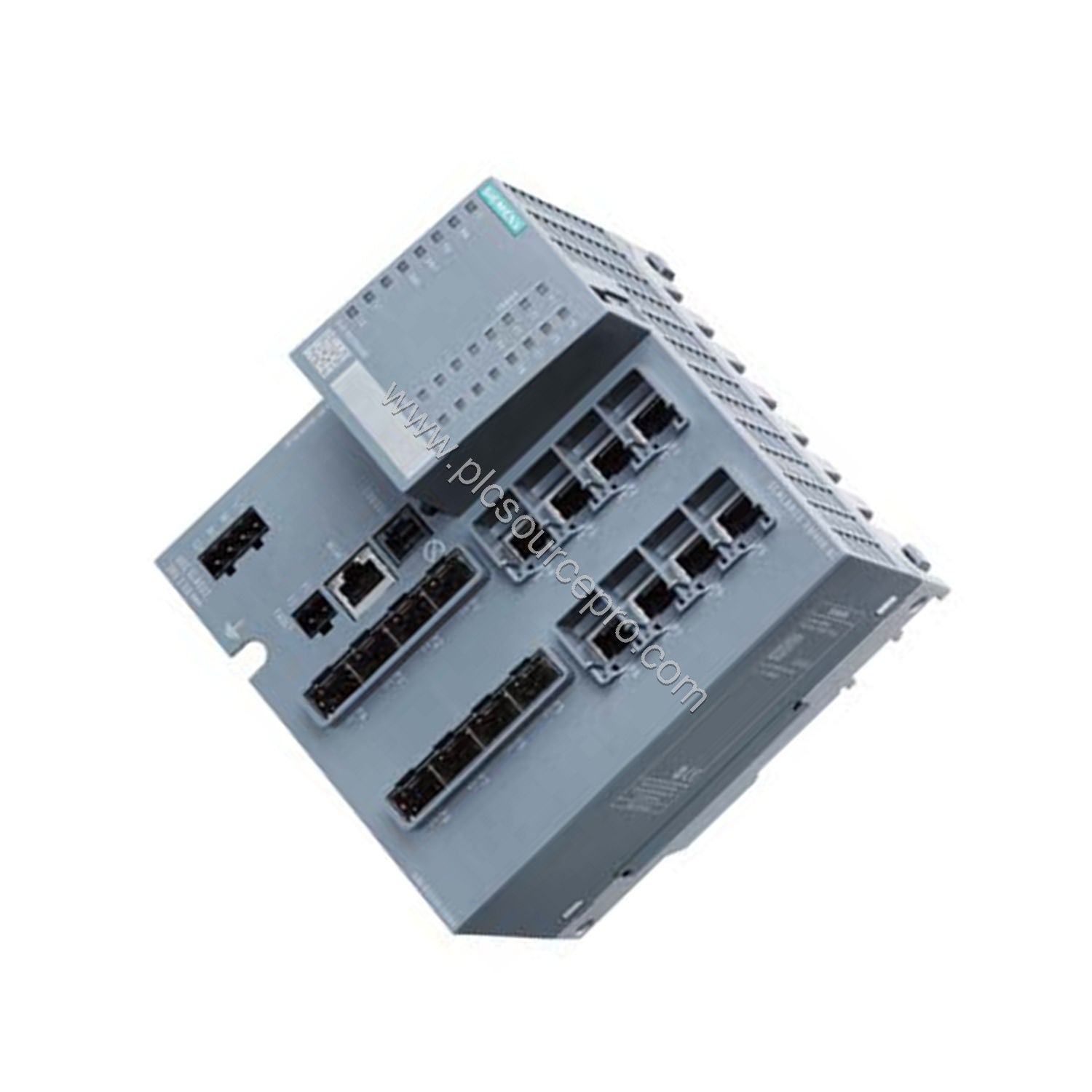 Figure 2: The Siemens 6GK5408-8GR00-2AM2 mounted on a DIN rail, showing its compact form factor and connection for redundant 