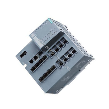 Figure 2: The Siemens 6GK5408-8GR00-2AM2 mounted on a DIN rail, showing its compact form factor and connection for redundant 