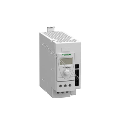 Figure 1: Front view of the Schneider ABL8BBU24200 Battery Control Module showing its compact enclosure and LCD screen for st