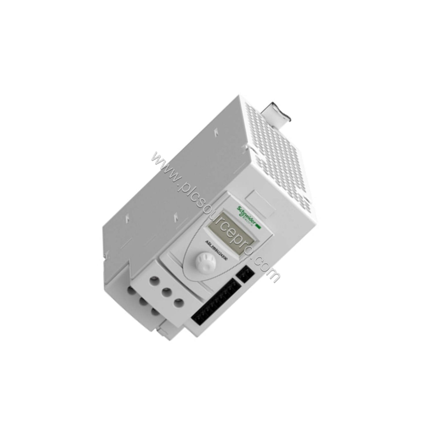 Figure 2: Detail of the Schneider ABL8BBU24200 terminals and DIN rail clips, illustrating connection capacity and mounting op