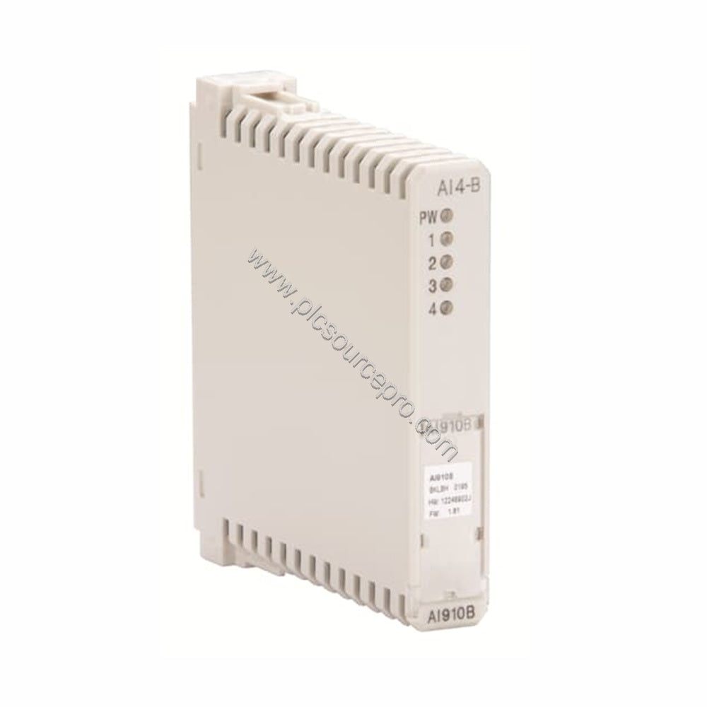 Figure 1: Front view of the ABB AI910B Industrial Automation Module showing its compact 20 mm width enclosure and status indi