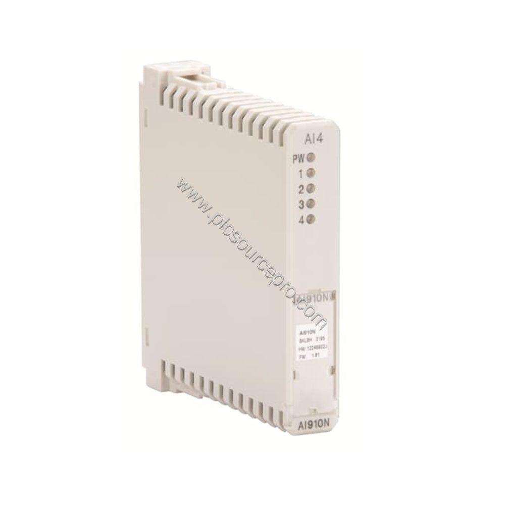 Figure 1: Front view of the ABB AI910N Industrial Automation Module showing its compact 20 mm width and status indicators.
