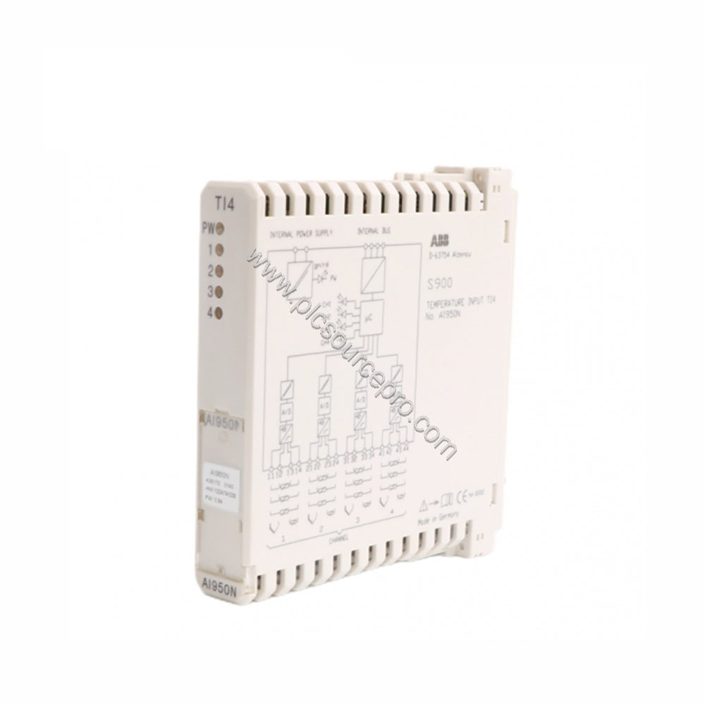 Figure 1: Front view of the ABB AI950N Temperature Input Module showing its compact industrial enclosure and terminal connect