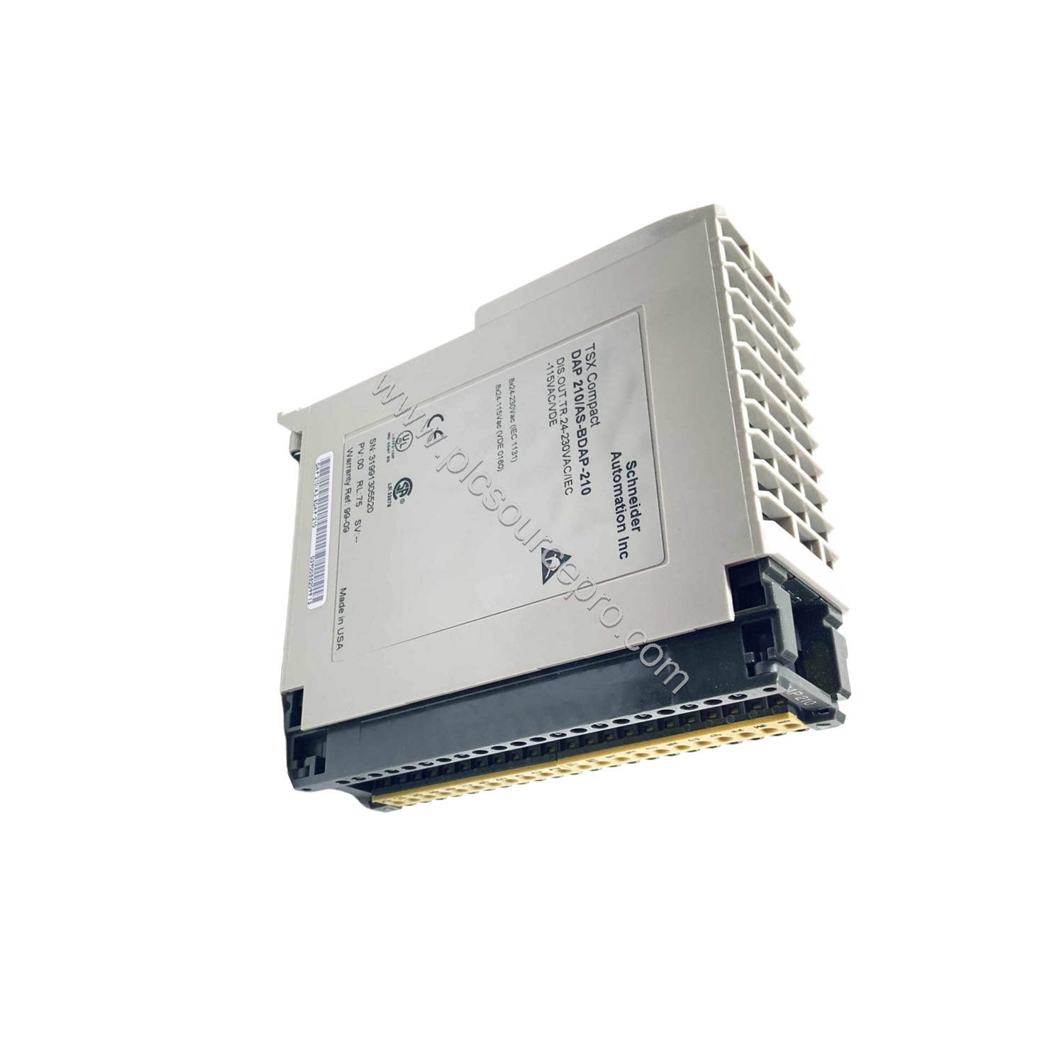 Figure 2: Side view of the Schneider AS-BDAP-210 showing the terminal block connections and mounting lugs for secure installa