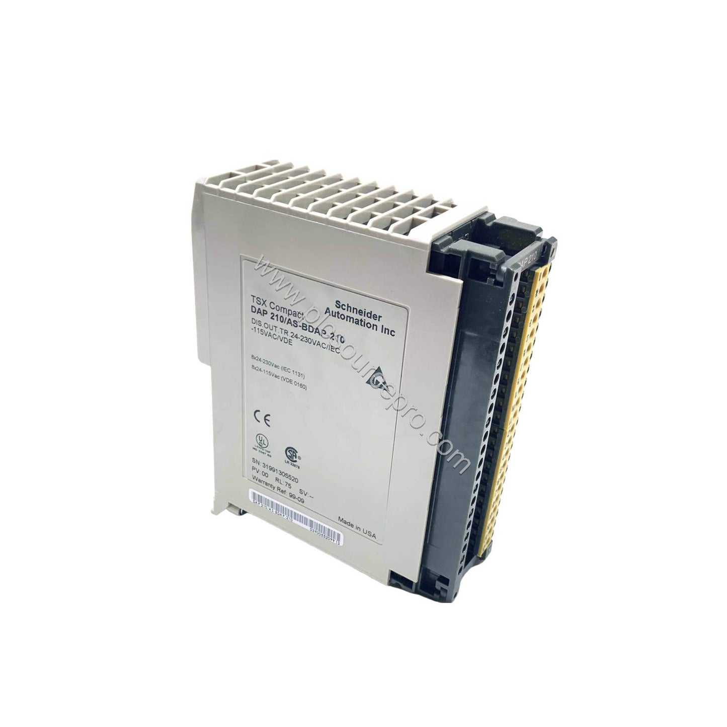 Figure 1: Front panel of the Schneider AS-BDAP-210 Industrial Automation Module with indicator LEDs and a compact DIN rail-mo