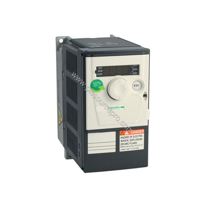 Figure 1: Front view of the Schneider ATV312H018M2 variable speed drive showing its compact metal enclosure, cooling vents, a