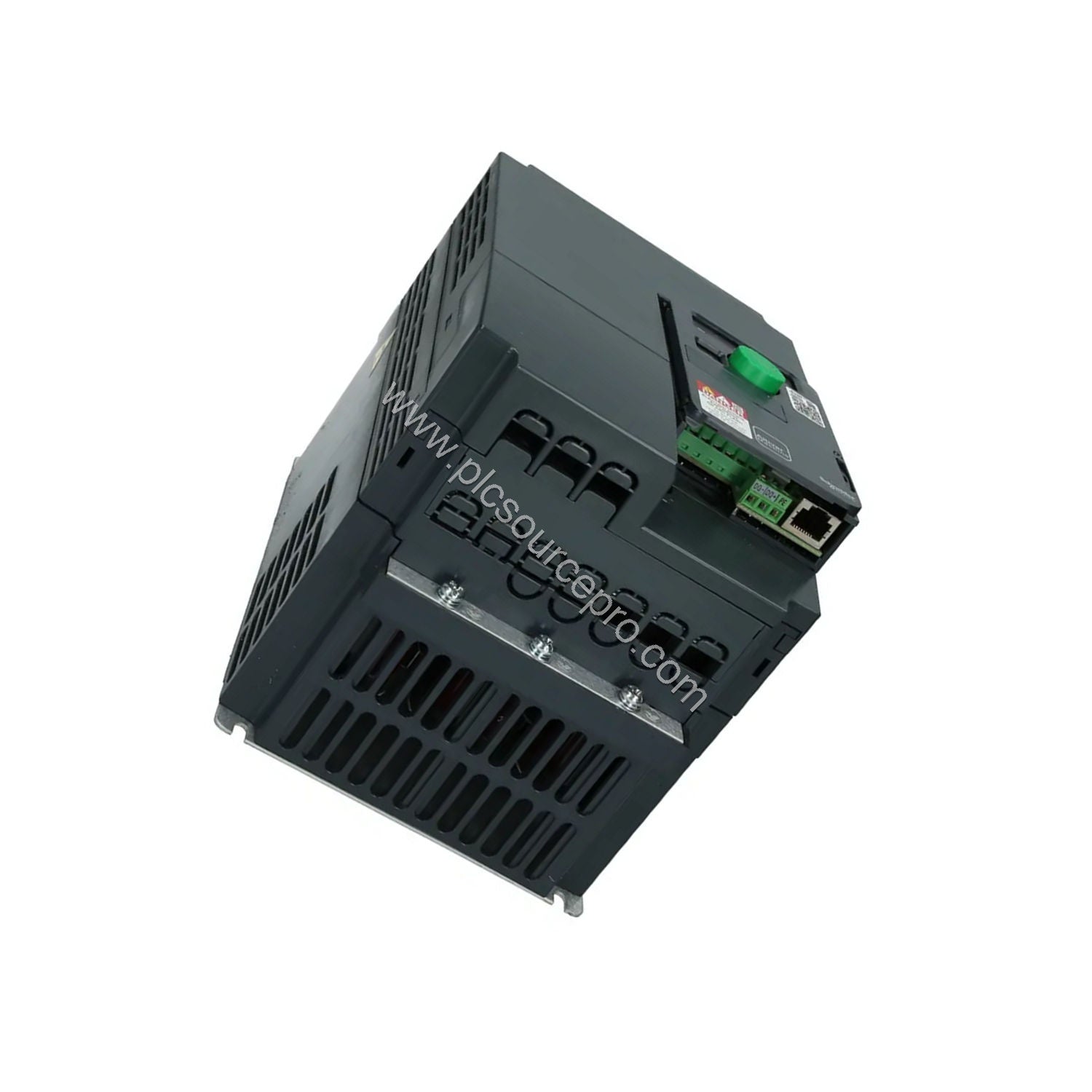 Figure 2: Side view of the Schneider ATV320U55N4C highlighting the power and control terminals, cooling fan, and wall-mountin