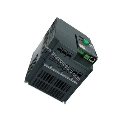 Figure 2: Side view of the Schneider ATV320U55N4C highlighting the power and control terminals, cooling fan, and wall-mountin