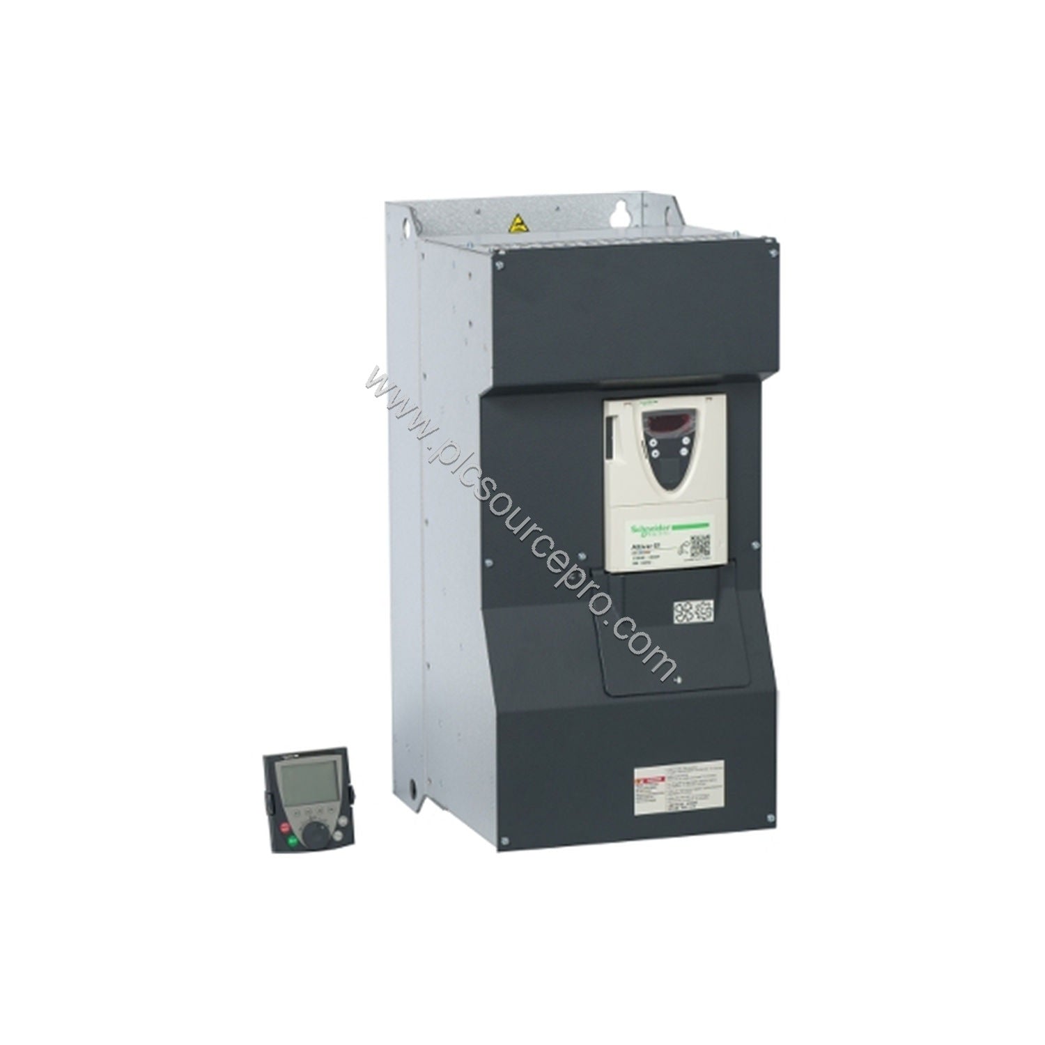 Figure 1: Front view of the Schneider ATV61HC11N4 Variable Speed Drive showing the heat sink, control terminals, and LED indi