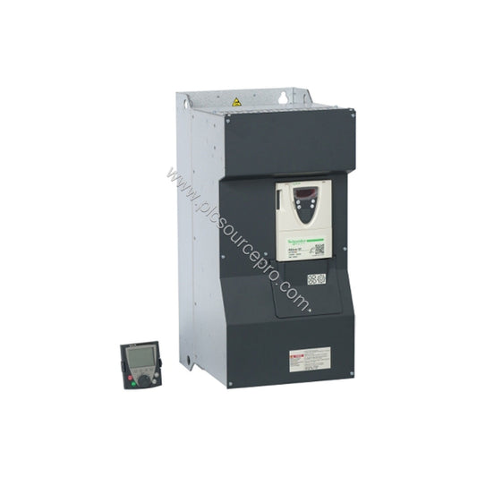Figure 1: Front view of the Schneider ATV61HC11N4 Variable Speed Drive showing the heat sink, control terminals, and LED indi