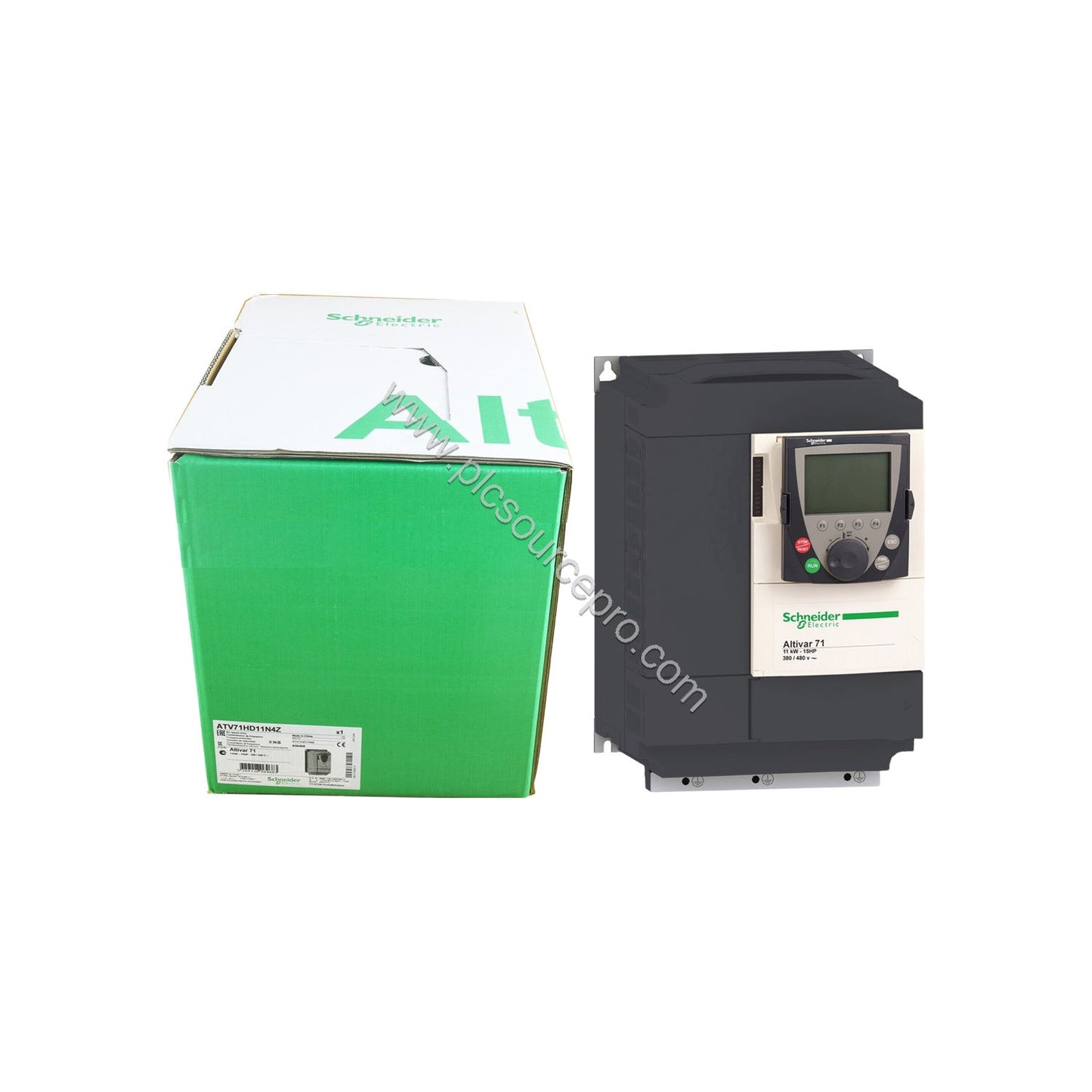 Figure 1: Front view of the Schneider ATV71HC11N4 industrial drive showing its graphic terminal and sturdy enclosure for high