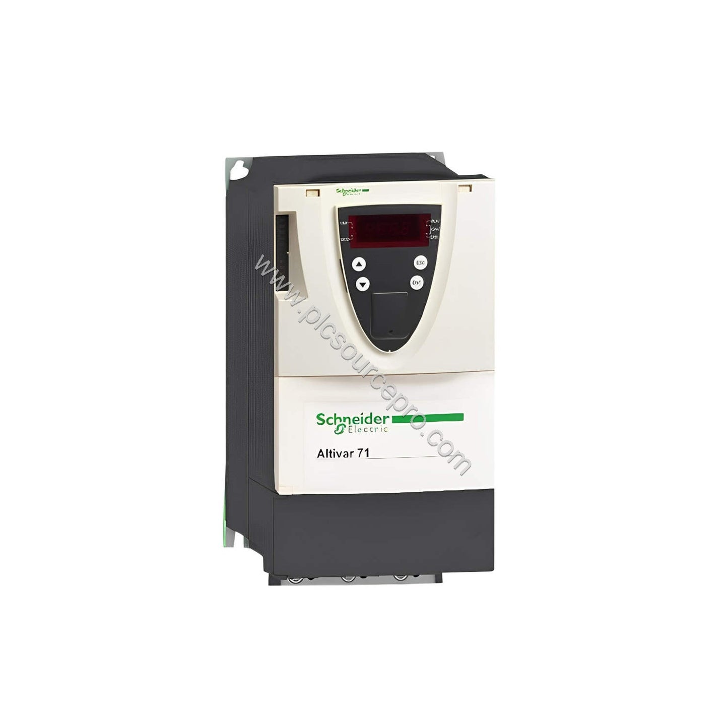 Figure 1: Front view of the Schneider ATV71HD37N4 variable speed drive showing its heat sink, terminal access, and graphic di