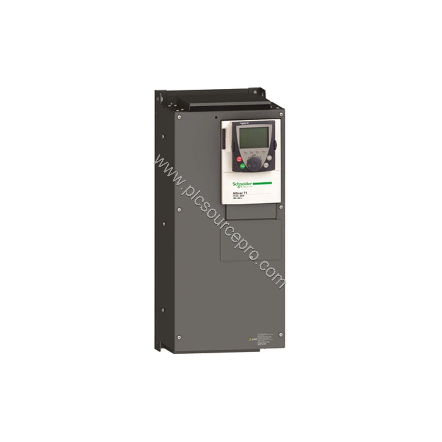 Figure 1: Front view of the Schneider ATV71HD45N4 variable speed drive showing its compact metal enclosure and keypad interfa
