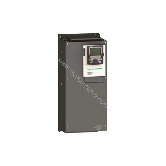 Figure 1: Front view of the Schneider ATV71HD45N4 variable speed drive showing its compact metal enclosure and keypad interfa