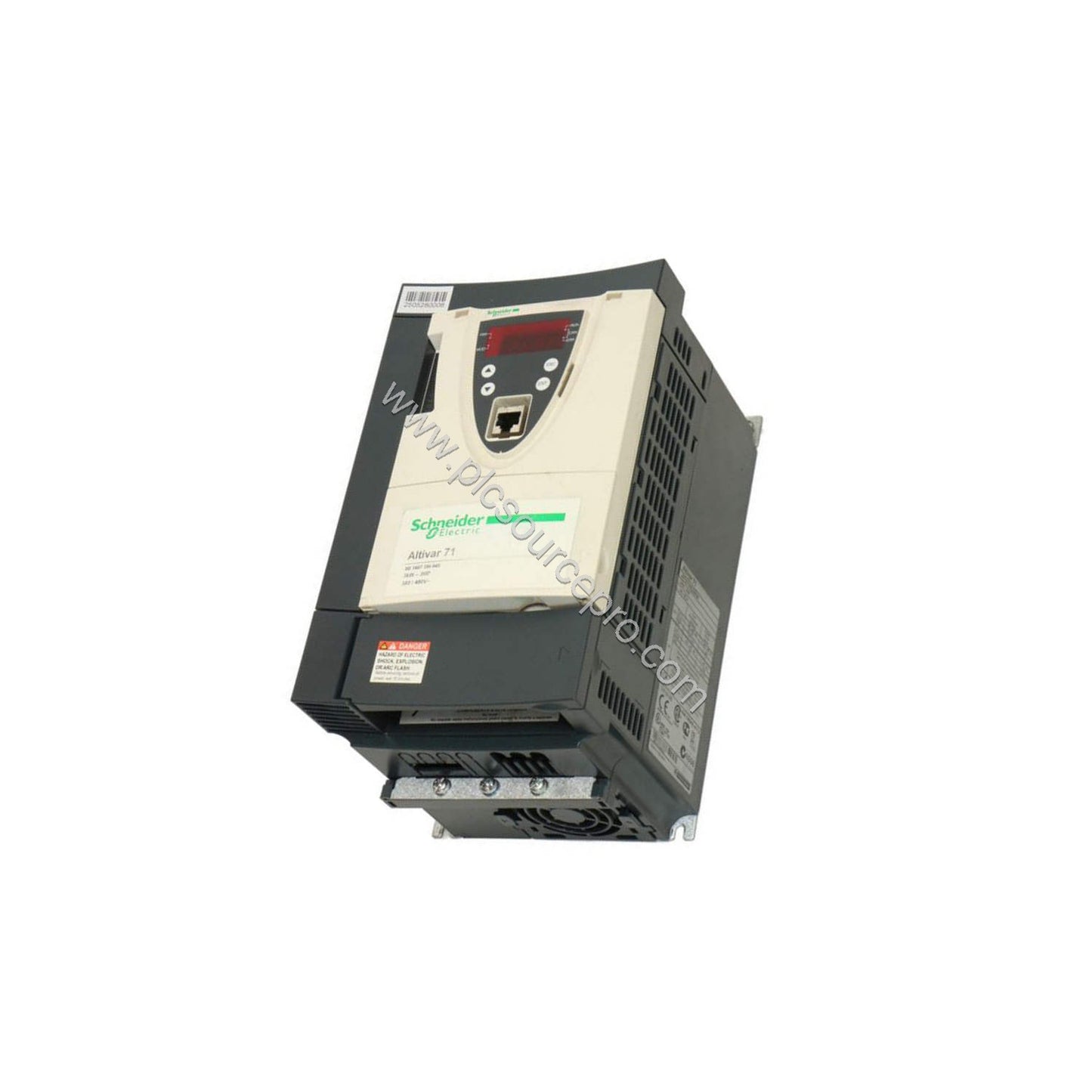 Figure 2: Technical diagram of the Schneider ATV71HU30N4 highlighting the control terminals, input/output power connections, 