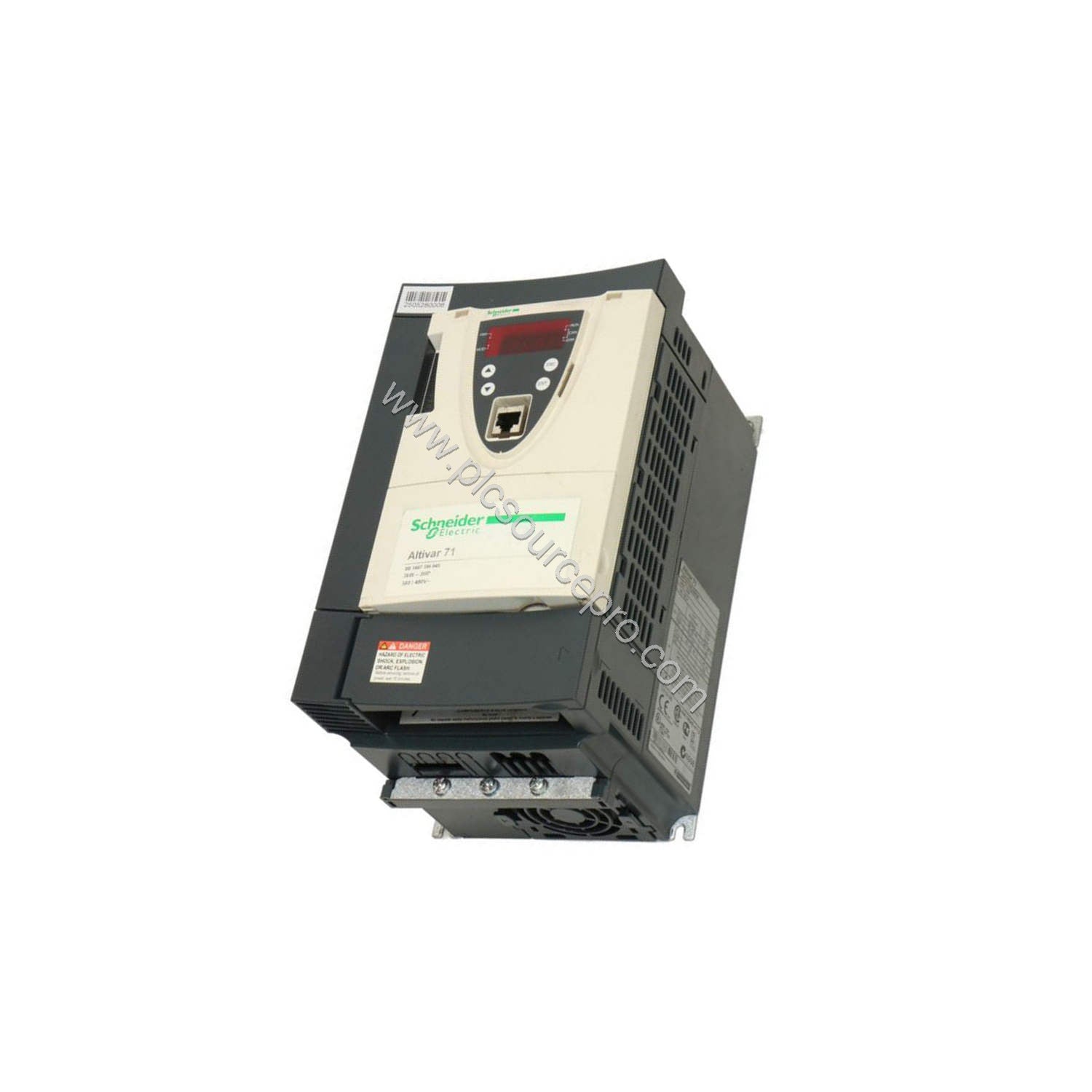 Figure 2: Technical diagram of the Schneider ATV71HU30N4 highlighting the control terminals, input/output power connections, 