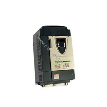 Figure 1: Front view of the Schneider ATV71HU55N4 industrial automation module showing its compact metal enclosure and status