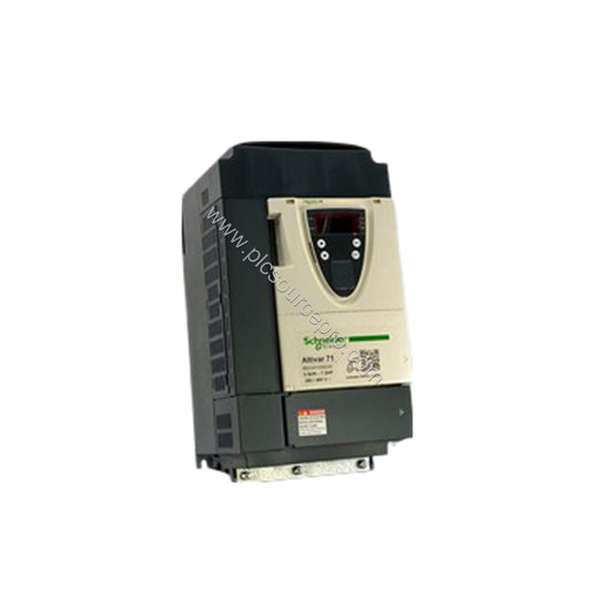 Figure 1: Front view of the Schneider ATV71HU55N4 industrial automation module showing its compact metal enclosure and status