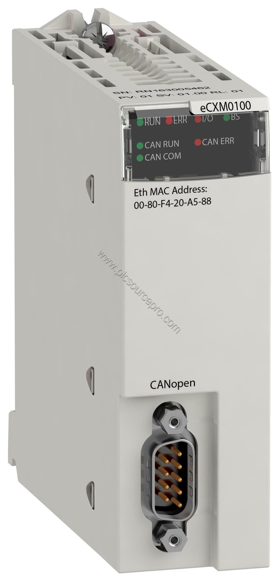 Figure 1: Front view of the Schneider BMECXM0100H CANopen communication module showing the DB9 connector and LED indicators o