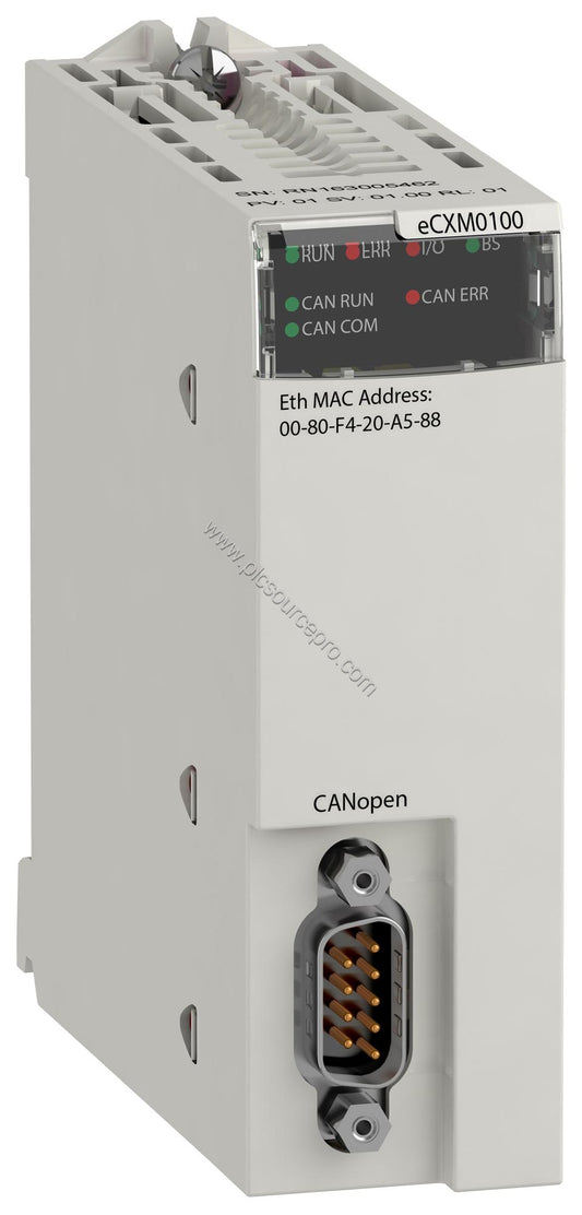 Figure 1: Front view of the Schneider BMECXM0100H CANopen communication module showing the DB9 connector and LED indicators o