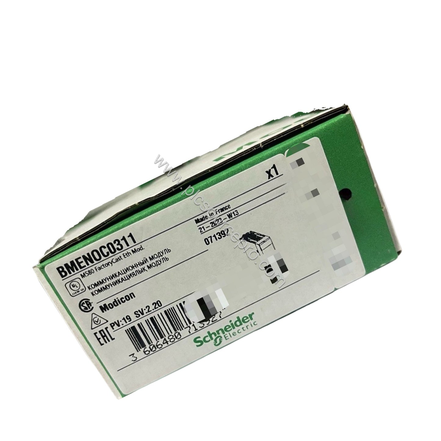Figure 2: Detail of the Schneider BMENOC0311C module highlighting the three RJ45 Ethernet connectors and the labeling for Mod