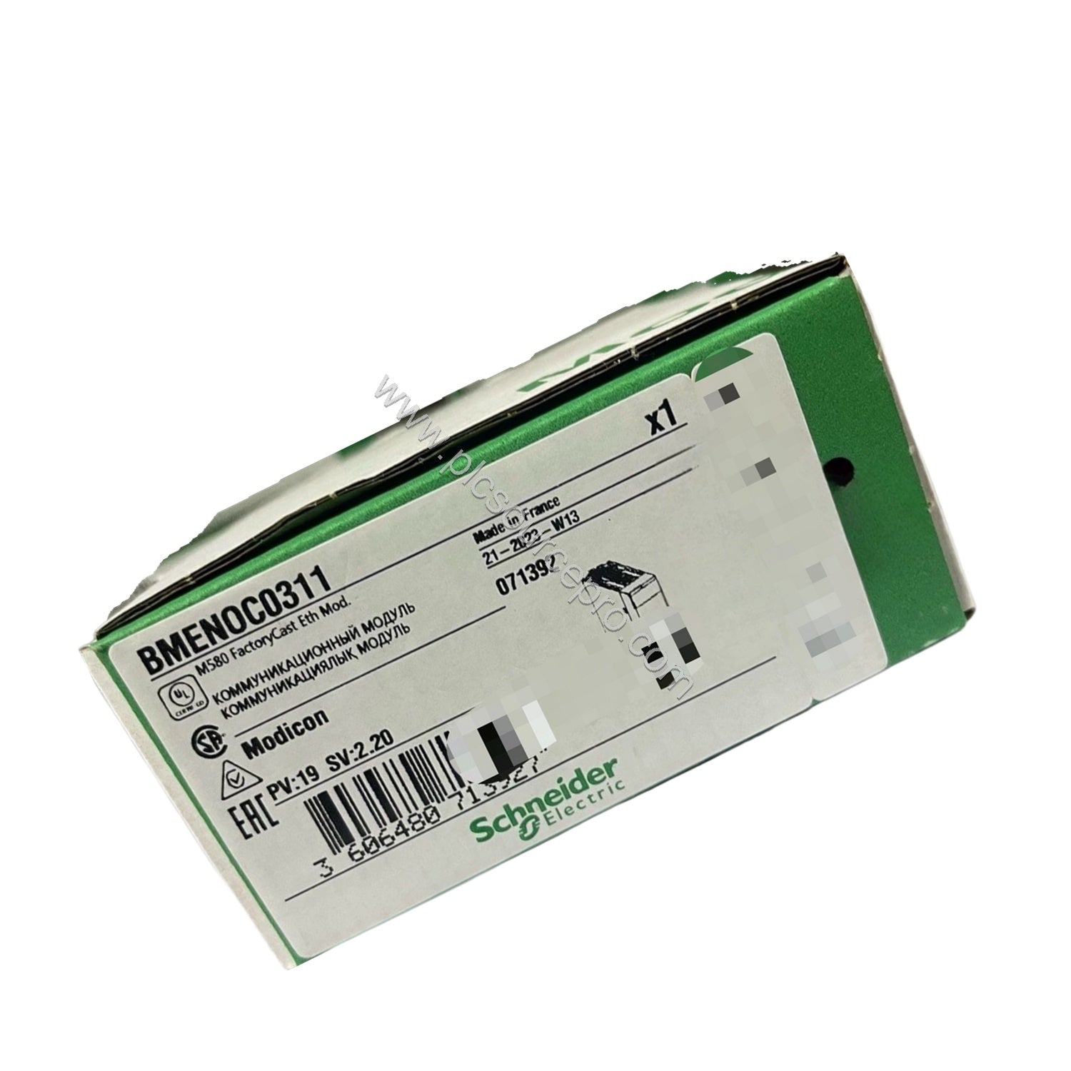Figure 2: Detail of the Schneider BMENOC0311C module highlighting the three RJ45 Ethernet connectors and the labeling for Mod