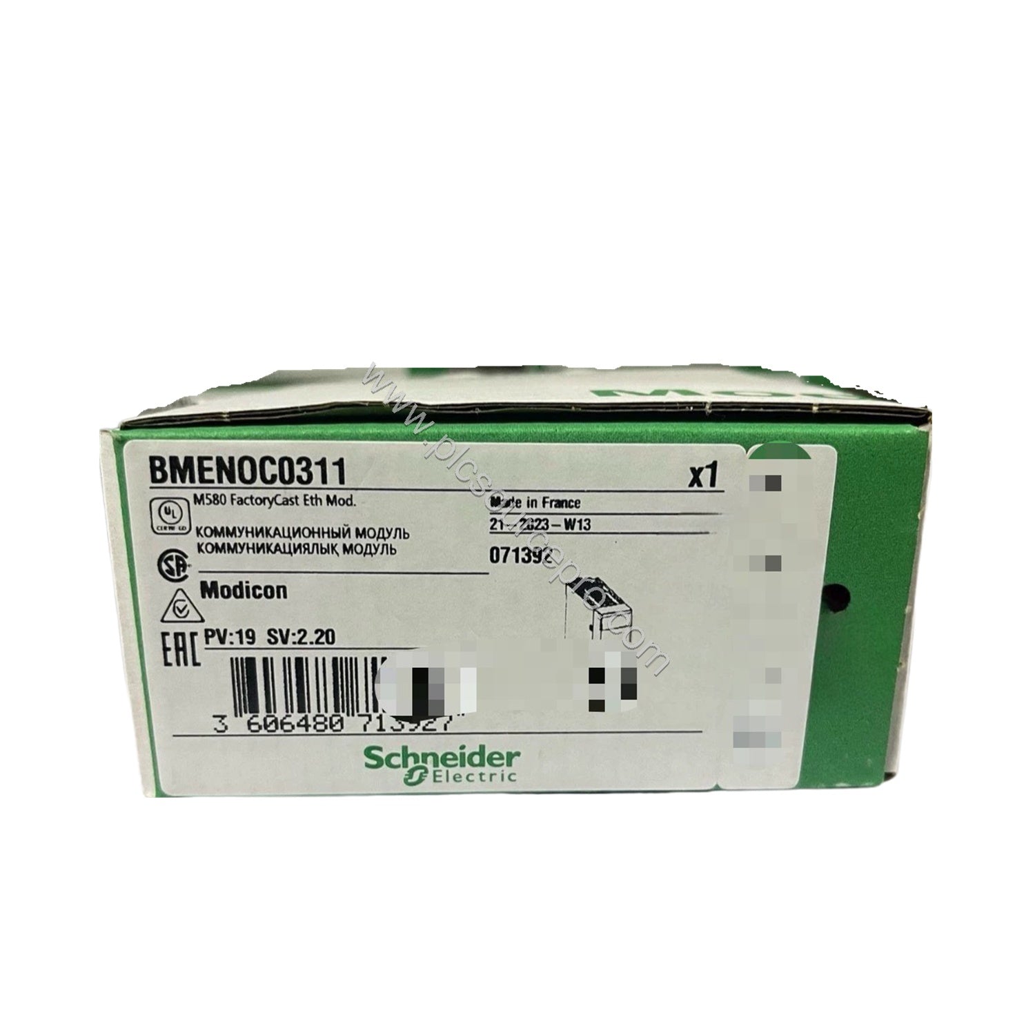 Figure 1: Front view of the Schneider BMENOC0311C Modicon M580 Communication Module showing its compact metal enclosure, RJ45