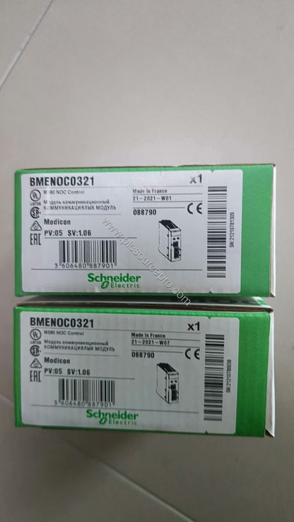 Figure 1: Front view of the Schneider BMENOC0321C Modicon M580 communication module showing three Ethernet RJ45 ports and sta