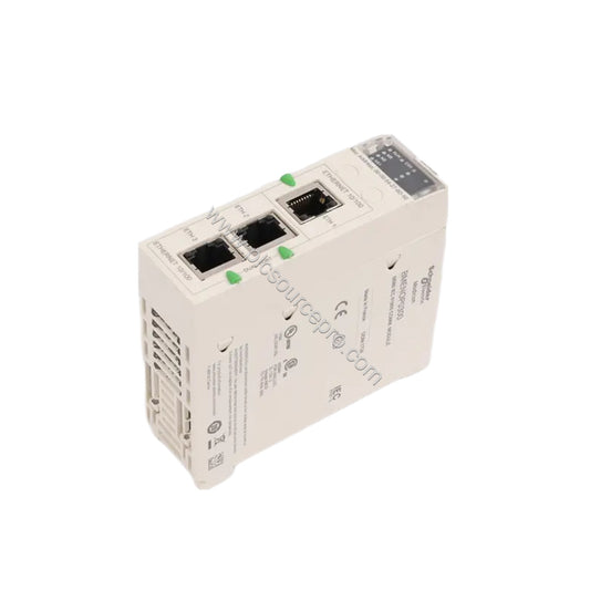 Figure 1: Front view of the Schneider BMENOP0300 communication module for Modicon M580, featuring three Ethernet ports and LE
