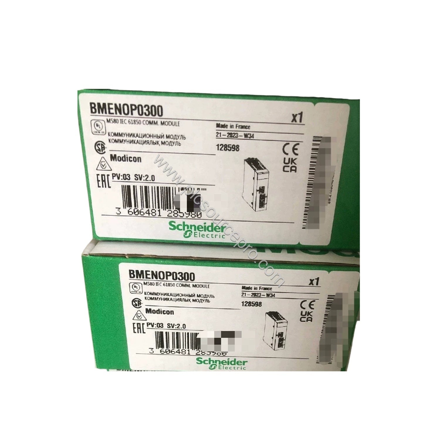 Figure 1: Front view of the Schneider BMENOP0300C Modicon M580 communication module showing three Ethernet ports, LED indicat