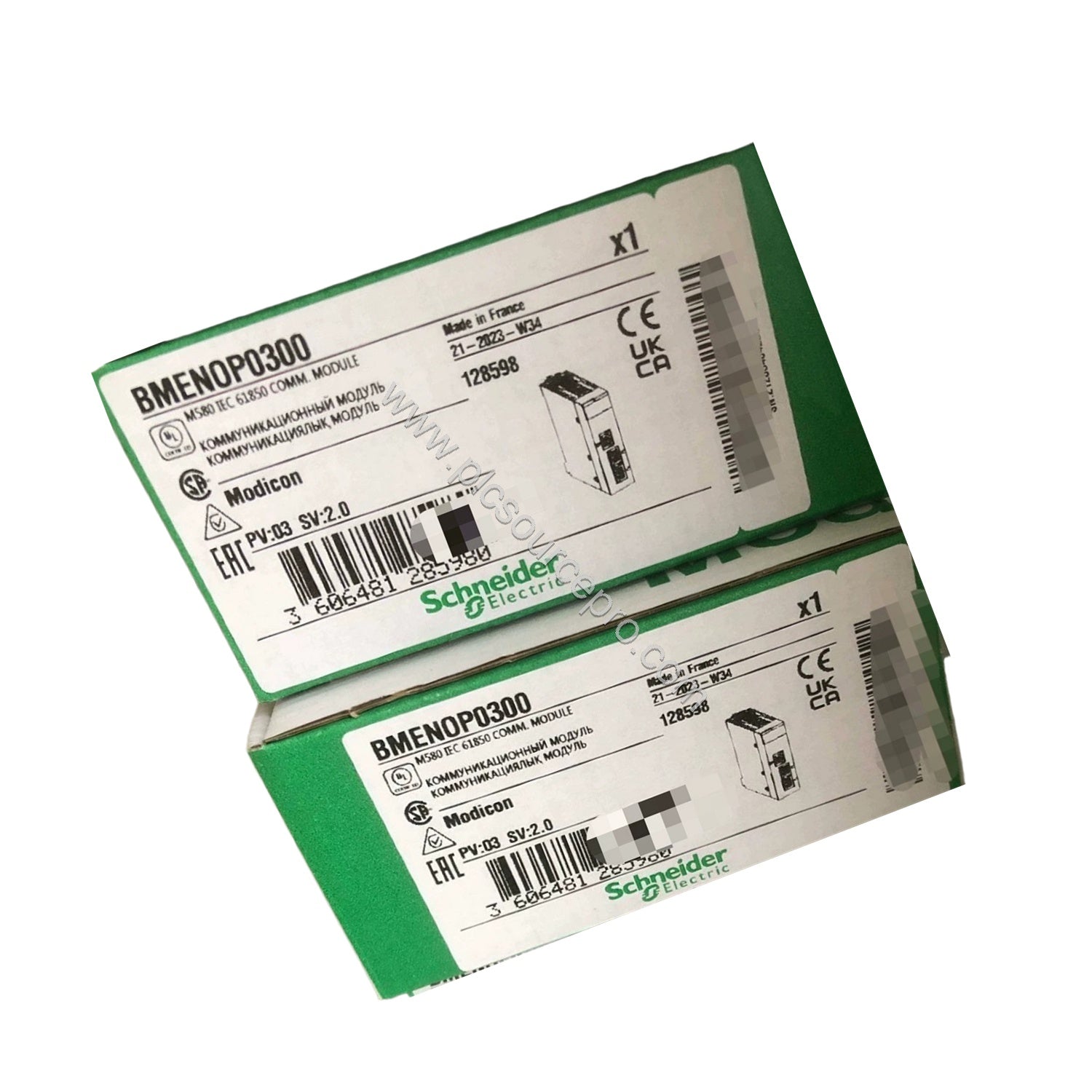 Figure 2: The Schneider BMENOP0300C industrial automation module installed in a rack, highlighting its conformal coating and 
