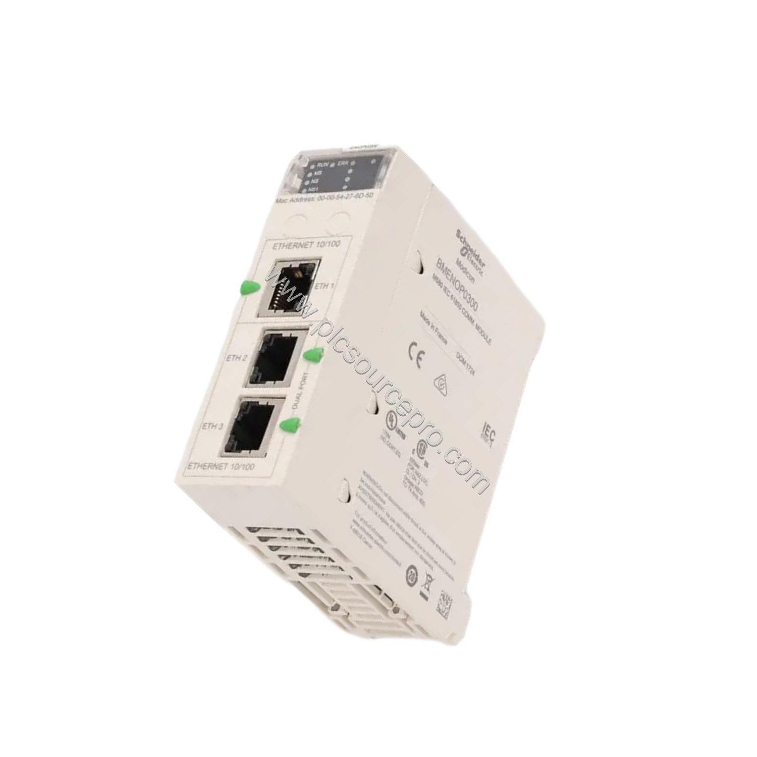 Figure 2: Detailed specifications of the Schneider BMENOP0300 showing its MMS, Goose, and Modbus TCP support for industrial a