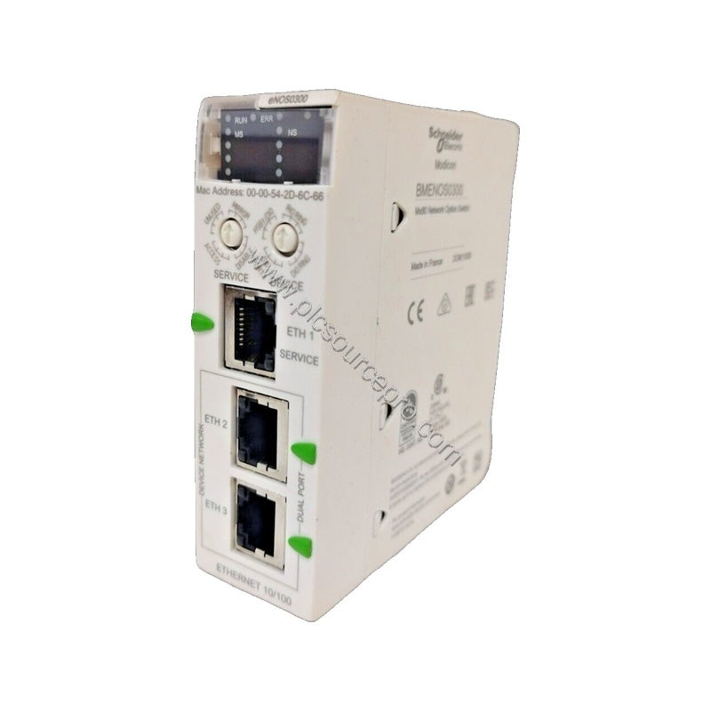 Figure 1: Front view of the Schneider BMENOS0300 Industrial Automation Module showing its compact industrial enclosure and fr