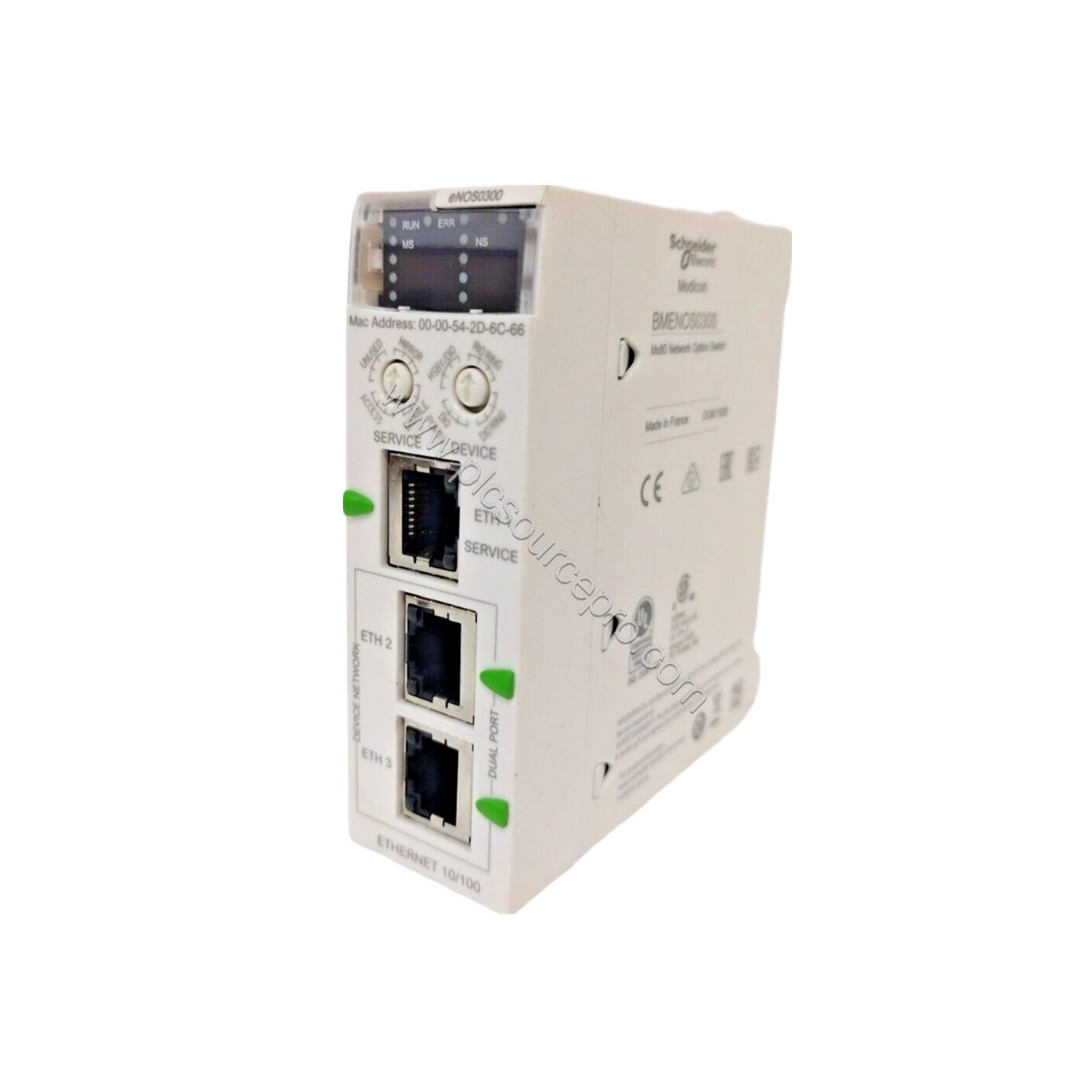 Figure 2: Side perspective of the Schneider BMENOS0300 highlighting the three EtherNet/IP ports and backplane connector.