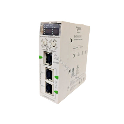 Figure 2: Side perspective of the Schneider BMENOS0300 highlighting the three EtherNet/IP ports and backplane connector.